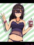  1girl abataa absurdres ahoge akizuki_(kancolle) bikini black_hair black_headband blue_eyes breasts clothes_writing cowboy_shot cup disposable_cup drinking_straw hachimaki headband highres holding holding_cup kantai_collection large_breasts navel ponytail purple_bikini smile solo standing swimsuit v 