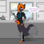  anthro aperture_science balls bedroom_eyes beverage blush blush_lines bottomless bottomless_anthro bottomless_male break_room canid canine cheek_tuft clothed clothing coffee coffee_mug erection facial_tuft fox fur genitals grey_body grey_fur hair hair_over_eye half-closed_eyes hi_res humanoid_genitalia humanoid_penis inner_ear_fluff inviting looking_at_viewer male mammal markings narrowed_eyes one_eye_obstructed orange_hair orange_markings orange_penis penis seductive sinnerscasino smile smirk smug smug_face solo t-shirt_only tuft 