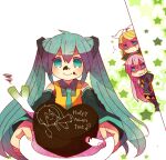  3girls :&gt; apron armband bad_food bangs belt blonde_hair blue_eyes blush cake chocolate chocolate_cake chocolate_on_face collared_shirt detached_sleeves food food_on_face frown green_eyes hair_ornament hair_ribbon hairband happy_valentine hatsune_miku heart-shaped_cake holding holding_food holding_plate jitome kagamine_rin long_hair long_sleeves looking_at_viewer megurine_luka multiple_girls necktie niwako open_mouth parted_bangs peeking_out pink_hair plate reaching_out ribbon shaded_face shirt sleeveless sleeveless_shirt sleeves_past_fingers sleeves_past_wrists smile spring_onion star_(symbol) sweat sweatdrop twintails v-shaped_eyebrows valentine very_long_hair vocaloid 