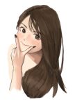  1girl azelweien bangs bare_shoulders blush brown_eyes brown_hair brown_nails closed_mouth commentary cropped_torso english_commentary face fingernails hand_up head_rest long_hair looking_at_viewer original portrait sketch smile solo upper_body v 