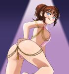  1girl armlet ass azelweien belly_chain blue_eyes breast_curtains breasts brown_hair commentary english_commentary from_behind fukune_atsuko hand_on_hip harem_outfit highres jewelry leaning_forward licking_lips light_blush looking_at_viewer looking_back medium_breasts mugen_shinshi nipples nude ponytail presenting revealing_clothes solo sweat thighs tongue tongue_out underwear 