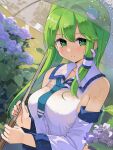  1girl bare_shoulders blush breasts closed_mouth detached_sleeves flower frog_hair_ornament green_eyes green_hair hair_between_eyes hair_ornament highres holding holding_umbrella japanese_clothes kochiya_sanae large_breasts long_hair nontraditional_miko purple_flower puuakachan smile snake_hair_ornament solo touhou transparent transparent_umbrella umbrella upper_body wet wet_clothes white_sleeves wide_sleeves 