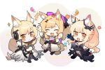  3girls :3 :d ^_^ animal_ear_fluff animal_ears arknights aunt_and_niece baiwei_er_hao_ji black_gloves black_shirt blemishine_(arknights) blemishine_(moon_catastrborn)_(arknights) blonde_hair bow chibi closed_eyes crossed_arms dress extra_ears fang gloves hair_bow hair_ornament hairclip headset holding holding_instrument horse_ears horse_girl horse_tail implied_extra_ears instrument long_hair looking_at_viewer maracas multiple_girls nearl_(arknights) nearl_the_radiant_knight_(arknights) official_alternate_costume open_mouth ponytail purple_bow scabbard sheath sheathed shirt siblings sidelocks sisters smile tail whislash_(arknights) whislash_(glory_purple)_(arknights) white_dress yellow_eyes 