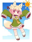 1girl animal_ear_fluff animal_ears arms_up bell blonde_hair blue_sky blush cloud cloudy_sky collar detached_sleeves dress folded_ponytail fox_ears fox_girl fox_tail green_dress green_sleeves highres kemomimi-chan_(naga_u) looking_at_viewer naga_u neck_bell necktie original red_collar red_eyes red_footwear sandals sky sleeves_past_fingers sleeves_past_wrists socks solo sun tail v-shaped_eyebrows white_legwear yellow_necktie 