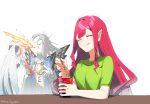  1boy 2girls breathing_fire butterfly_wings chopsticks closed_eyes cup_ramen eating fairy_knight_tristan_(fate) fate/grand_order fate_(series) fire green_shirt grey_hair highres house_tag_denim long_hair morgan_le_fay_(fate) multiple_girls oberon_(fate) pink_hair pink_nails pointy_ears ponytail shirt spicy twitter_username wings 