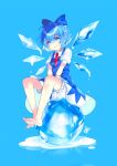  1girl aqua_background barefoot bloomers blue_background blue_bow blue_eyes blue_hair blue_sky bow cirno day dress feet hair_between_eyes hair_bow highres ice ice_wings kurisu_sai open_mouth puffy_short_sleeves puffy_sleeves short_hair short_sleeves signature sky solo touhou underwear white_bloomers wings 