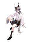  1boy absurdres animal_ears arknights bishounen blouse book ebenholz_(arknights) eyebrows_behind_hair frills full_body goat_boy goat_ears goat_horns highres horns long_hair looking_at_viewer male_focus ponytail purple_eyes ribbon shirt shoes shorts simple_background socks solo thighs white_hair white_shirt yunluo 