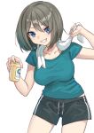  1girl alternate_costume beer_can black_shorts blue_eyes brown_hair can casual commentary_request commission cowboy_shot drawstring green_shirt grin hair_ornament hairclip kantai_collection maya_(kancolle) mitsuyo_(mituyo324) shirt short_hair shorts simple_background smile solo standing towel towel_around_neck white_background x_hair_ornament 