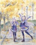  2girls :d ;o \o/ absurdres animal_ears arms_up autumn autumn_leaves bag bangs blunt_bangs bow bowtie brown_footwear commentary_request falling_leaves full_body gold_ship_(umamusume) grey_hair highres horse_ears horse_girl horse_tail leaf light_purple_hair loafers long_hair long_sleeves mejiro_mcqueen_(umamusume) multiple_girls nukakonoe one_eye_closed outstretched_arms pillbox_hat pleated_skirt puffy_long_sleeves puffy_sleeves purple_eyes purple_hair purple_legwear purple_shirt purple_skirt road sailor_collar school_bag school_uniform serafuku shirt shoes shoulder_bag skirt smile standing standing_on_one_leg straight-on tail thighhighs tracen_school_uniform tree very_long_hair walking white_bow white_bowtie wince winter_uniform 