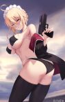  1girl ahoge artist_name artoria_pendragon_(alter_swimsuit_rider)_(fate) artoria_pendragon_(alter_swimsuit_rider)_(second_ascension)_(fate) artoria_pendragon_(fate) ass aztodio bikini black_bikini black_jacket black_legwear blonde_hair breasts closed_mouth fate/grand_order fate_(series) gun hair_between_eyes holding holding_gun holding_weapon jacket large_breasts looking_at_viewer looking_back maid_headdress off_shoulder sidelocks smile solo swimsuit thighhighs weapon yellow_eyes 