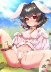  1girl absurdres animal_ears ass black_hair blush cameltoe carrot carrot_necklace clothes_lift cloud commentary_request day dress dress_lift egg_vibrator frilled_dress frills highres inaba_tewi knee_up leaning_back legs lifted_by_self micro_panties navel nose_blush object_insertion on_grass outdoors panties parted_lips partially_visible_vulva pink_dress pussy_juice rabbit_ears rabbit_girl red_eyes remote_control_vibrator sex_toy short_hair short_sleeves side-tie_panties sitting sky smile solo spread_legs sweat teeth thigh_strap thighs touhou underwear vaginal vaginal_object_insertion vibrator vibrator_cord vibrator_in_thigh_strap vibrator_under_clothes vibrator_under_panties wet white_panties yufukiri 
