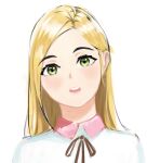  1girl azelweien blonde_hair blush commentary english_commentary face green_eyes highres jurassic_cops long_hair looking_at_viewer open_mouth portrait ribbon sarah_(jurassic_cops) shirt solo teeth upper_teeth white_shirt 