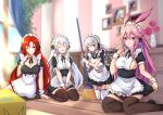  4girls :d ahoge alternate_costume animal_ears apron bangs black_dress black_legwear blurry blurry_background breasts bronya_zaychik broom cleavage closed_mouth curtains desk dress drill_hair enmaided flower fox_ears frilled_apron frills grey_eyes grey_hair holding holding_broom honkai_(series) honkai_impact_3rd indoors kiana_kaslana kouno_(uiyoyo199) long_hair maid multiple_girls murata_himeko one_eye_closed open_mouth picture_frame pink_flower pink_hair pink_rose purple_eyes red_hair rose seiza short_sleeves sideboob sitting smile thighhighs twin_drills vase wariza white_apron white_hair white_legwear window wooden_floor yae_sakura yellow_eyes 