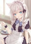  1girl animal_ear_fluff animal_ears apron arm_support black_dress black_hairband blue_bow bow braid breasts center_frills collared_dress commentary_request cup day dress frilled_hairband frills grey_hair hair_bow hairband highres holding holding_teapot hoshi_(snacherubi) indoors long_hair on_floor original puffy_short_sleeves puffy_sleeves short_sleeves sitting small_breasts solo tail teacup teapot thighhighs tray twin_braids very_long_hair waist_apron wariza white_apron white_legwear window wooden_floor wrist_cuffs 