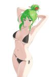  1girl absurdres armpits arms_behind_head bangs bare_shoulders bikini black_bikini breasts closed_mouth collarbone commission copper cowboy_shot english_commentary feet_out_of_frame green_eyes green_hair hair_bun hair_ornament highres large_breasts long_hair looking_at_viewer medium_breasts navel original presenting_armpit side-tie_bikini simple_background solo standing stomach swimsuit white_background 