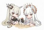  2girls animal_ears arknights bikini bird black_swimsuit blush brown_eyes casual_one-piece_swimsuit chibi demon_horns grey_hair hair_between_eyes hat holding holding_stick horn_ornament horns horse_ears horse_girl horse_tail laurel_crown long_hair looking_at_viewer mosuke multiple_girls official_alternate_costume one-piece_swimsuit platinum_(arknights) platinum_(shimmering_dew)_(arknights) ponytail sand_writing shining_(arknights) shining_(silent_night)_(arknights) simple_background sitting smile stick straw_hat striped striped_background swimsuit tail thigh_strap tic-tac-toe very_long_hair white_background white_bikini white_hair 