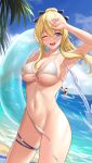  2girls ;d absurdres arayuki_(sakurafubuki) armpits artist_name beach bikini blonde_hair blue_sky breasts cloud collarbone day genshin_impact highres jean_(genshin_impact) klee_(genshin_impact) large_breasts long_hair looking_at_viewer multiple_girls navel ocean one_eye_closed outdoors ponytail round_teeth sky smile standing swimsuit teeth upper_teeth water white_bikini 