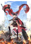  1girl azur_lane bismarck_(azur_lane) bismarck_(coat_of_arms) black_cape black_footwear black_headwear black_jacket black_skirt blonde_hair blue_eyes blue_sky boots breasts cape cleavage coat_of_arms contrail fire flag from_side fur-trimmed_boots fur-trimmed_cape fur_trim gloves hair_between_eyes hat high_heel_boots high_heels holding holding_flag jacket knee_boots large_breasts long_hair looking_away military military_uniform peaked_cap pencil_skirt red_cape skirt sky solo tohko two-tone_cape uniform very_long_hair white_gloves 