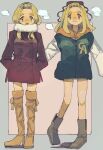  bangs_pinned_back blonde_hair boots breath coat duffel_coat enpera fur_boots green_eyes hair_ribbon hands_in_pockets highres jacket letterman_jacket long_hair looking_at_viewer meimeiner okada_akane ribbon scarf smile thick_eyebrows thigh_boots ugg_boots watashi_ga_motenai_no_wa_dou_kangaetemo_omaera_ga_warui! 