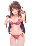  1girl absurdres ass_visible_through_thighs bangs bikini breasts brown_hair cleavage cowboy_shot fuli_(user_dxkx3245) highres kanojo_okarishimasu long_hair looking_at_viewer medium_breasts mizuhara_chizuru one_side_up pink_bikini red_eyes side-tie_bikini simple_background solo standing swept_bangs swimsuit thigh_gap white_background 