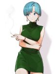  1girl against_wall bangs blue_eyes blue_hair breasts bulma cigarette dragon_ball dragon_ball_z dress earrings green_dress highres holding holding_cigarette hoop_earrings jewelry jun_(seojh1029) looking_to_the_side medium_breasts shadow short_hair simple_background sleeveless sleeveless_dress smoke solo white_background 