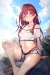  1girl bangs bare_shoulders blush breasts cleavage enomoto_nao heterochromia highres hololive houshou_marine jewelry large_breasts long_hair looking_at_viewer red_eyes red_hair see-through short_shorts shorts solo summer swimsuit thighs virtual_youtuber wet wet_clothes yellow_eyes 