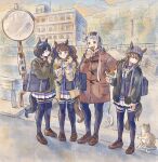  4girls absurdres alternate_costume animal_ears bag bangs beanie black_hair blue_eyes blue_ribbon blunt_bangs blush bob_cut bridge brown_footwear brown_hair building canal cat closed_eyes coat commentary_request ear_ornament ears_through_headwear eating eishin_flash_(umamusume) food full_body fur_trim gold_ship_(umamusume) grey_hair hair_ribbon hand_on_hip hand_to_own_mouth hat highres holding holding_food horse_ears horse_girl horse_tail jacket loafers long_sleeves looking_at_food medium_hair mirror multiple_girls nakayama_festa_(umamusume) nukakonoe open_clothes open_jacket open_mouth outdoors pillbox_hat pleated_skirt purple_eyes purple_legwear red_coat ribbon road school_bag school_uniform scrunchie serafuku shoes shoulder_bag skirt smile standing tail taiyaki thighhighs tosen_jordan_(umamusume) tracen_school_uniform translation_request twintails umamusume wagashi winter_uniform 