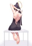  1girl absurdres ass back backless_outfit bare_back bare_shoulders feet halo highres hololive hololive_english long_hair ninomae_ina&#039;nis pompmaker1 ponytail purple_hair sitting sitting_on_table tying_hair virtual_youtuber 