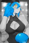  animal_ears black_leotard blue_hair blush boxing_gloves breasts cleavage cleavage_cutout clothing_cutout fighting_stance flying_sweatdrops greyscale highres large_breasts leotard monochrome niwarhythm pout rabbit_ears short_hair solo_focus sweat wide_hips yellow_eyes 