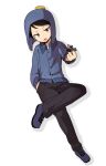  1boy black_hair black_pants blue_eyes blue_footwear blue_headwear collared_jacket craig_tucker crossed_legs haizai hand_in_pocket hat highres jacket long_sleeves male_child male_focus middle_finger open_mouth pants shoes solo south_park white_background 