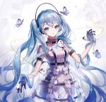  1girl absurdres bangs blue_eyes blue_hair bug butterfly clothing_request gloves hair_between_eyes hatsune_miku highres long_hair parted_lips pipi purple_butterfly purple_gloves solo standing twintails very_long_hair vocaloid white_butterfly 