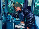  1girl animal_ears black_hair blue_eyes blue_jacket blush_stickers colored_inner_hair fish full_body harusameriburo highres jacket long_sleeves multicolored_hair original shoes sitting sneakers solo speedometer underwater vehicle_interior window 