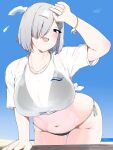  1girl arm_support bikini bikini_under_clothes black_bikini blue_hair breasts cleavage collarbone grey_hair hair_over_one_eye hamakaze_(kancolle) hauto-san highres kantai_collection large_breasts leaning_forward looking_at_viewer see-through see-through_shirt shirt short_hair short_sleeves solo swimsuit tied_shirt white_shirt 