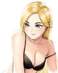  1girl azelweien bare_shoulders black_bra blonde_hair blush bra breasts cleavage collarbone commentary english_commentary face green_eyes highres jurassic_cops light_blush long_hair looking_at_viewer medium_breasts parted_lips sarah_(jurassic_cops) solo underwear underwear_only upper_body 