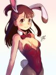  1girl absurdres animal_ears bangs bare_shoulders blunt_bangs blush bow bowtie breasts brown_eyes brown_hair closed_mouth cowboy_shot detached_collar english_commentary fake_animal_ears gradient gradient_background highres kagari_atsuko leotard little_witch_academia long_hair looking_at_viewer madabau medium_breasts pantyhose playboy_bunny rabbit_ears rabbit_tail red_bow red_bowtie red_leotard signature smile solo tail 