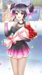  1girl :d bangs black_hair black_skirt black_sleeves blush bouquet bow collarbone double_bun doukyuusei_2 doukyuusei_another_world dress flower game_cg gradient_skirt hair_between_eyes hair_bow hair_bun holding holding_bouquet layered_skirt long_sleeves medium_hair miniskirt narusawa_yui open_mouth pink_bow pink_skirt print_dress red_eyes red_flower red_rose rose shiny shiny_hair sidelocks skirt smile solo_focus standing 