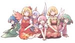  6+girls aki_minoriko aki_shizuha animal_ears bird_ears bird_wings blonde_hair blue_hair blush closed_mouth dog_ears drill_hair feathered_wings green_hair hair_between_eyes hair_ornament head_fins horns kasodani_kyouko leaf_hair_ornament multiple_girls mystia_lorelei open_mouth pink_hair rangycrow short_hair simple_background smile tokiko_(touhou) touhou wakasagihime white_background white_wings wings 