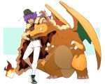  1boy :d argyle baseball_cap cape champion_uniform charizard claws dark-skinned_male dark_skin dynamax_band facial_hair flame-tipped_tail fur-trimmed_cape fur_trim gloves hat highres leggings leon_(pokemon) long_hair male_focus morio_(poke_orio) open_mouth pokemon pokemon_(game) pokemon_swsh purple_hair red_cape shirt shoes short_shorts shorts single_glove smile standing teeth tongue upper_teeth white_legwear white_shorts yellow_eyes 