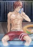  1boy ahoge can facial_hair goatee grin highres idolmaster idolmaster_side-m innertube looking_at_viewer male_focus male_swimwear pectorals pool poolside pubic_hair pubic_hair_peek red_eyes red_hair ryeon_(gs_oik) short_hair smile soda_can swim_trunks tendo_teru toned topless_male wet 