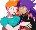  1boy 1girl black_shirt blue_shirt breasts green_eyes hair_ornament heart heart_hair_ornament leon_(pokemon) long_hair orange_hair pokemon pokemon_(game) pokemon_swsh purple_hair rem_sora410 shirt side_ponytail sonia_(pokemon) t-shirt yellow_eyes 