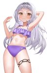  1girl absurdres alternate_costume arm_behind_head arm_up armpits bangs bikini blunt_bangs blush breasts closed_mouth collarbone commentary_request embarrassed eyelashes frilled_bikini frills grey_hair hairband hand_up heunggugi highres hololive long_hair looking_at_viewer murasaki_shion navel orange_eyes purple_bikini shiny shiny_hair shiny_skin sidelocks simple_background small_breasts solo standing swimsuit thigh_strap thighs virtual_youtuber white_background 