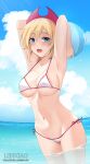  1girl :d armpits arms_behind_head artist_name ball bangs bare_arms bare_shoulders beachball bikini blonde_hair blue_eyes blue_sky blush breasts cloud collarbone commentary_request day groin hair_between_eyes highres holding holding_ball horizon irida_(pokemon) large_breasts leng_xiao looking_at_viewer navel ocean outdoors pokemon pokemon_(game) pokemon_legends:_arceus sky smile solo sweat swimsuit wading water watermark web_address white_bikini 
