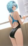  1girl absurdres aqua_hair ass back back_cutout bangs bare_arms blush clothing_cutout competition_swimsuit cowboy_shot eula_(genshin_impact) from_behind genshin_impact gradient_eyes hairband highres looking_at_viewer looking_back multicolored_eyes one-piece_swimsuit open_mouth rosumerii short_hair standing swimsuit thighs twitter_username 