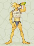  abstract_background anthro antonwinnerson barefoot bodily_fluids bulge cervid cervine clothing crop_top dj_strap feet fur hi_res horn jockstrap male mammal midriff muntjac shirt solo sweat text text_on_clothing text_on_topwear topwear underwear water_bottle yellow_body yellow_fur 