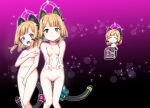  2girls absurdres anal anal_object_insertion anal_tail animal_ear_headphones animal_ears bangs blonde_hair blue_archive blunt_bangs blush bow breasts butt_plug cat_ear_headphones cat_ears cat_tail covering covering_breasts covering_crotch double_v embarrassed fake_animal_ears fake_tail green_eyes groin hair_bow halo headphones highres midori_(blue_archive) momoi_(blue_archive) multiple_girls navel nipples nude object_insertion open_mouth outstretched_arms pink_eyes pussy pussy_juice ribbon sex_toy short_hair siblings sisters small_breasts smile tail thigh_gap thighs toko_(tenerezza666) twins v 