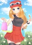  1girl bag banned_artist blonde_hair blue_eyes blurry blush closed_mouth cloud collared_shirt commentary_request cowboy_shot day eyewear_on_headwear hat high-waist_skirt highres holding long_hair mega_ring outdoors pink_bag pokemon pokemon_(game) pokemon_xy red_headwear red_skirt serena_(pokemon) shirt shopping_bag skirt sky sleeveless sleeveless_shirt smile solo sunglasses takahara thighhighs white-framed_eyewear 