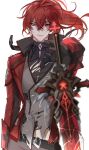  1boy absurdres black_gloves black_shirt blurry blurry_foreground diluc_(genshin_impact) genshin_impact gloves grey_pants hair_between_eyes high_collar highres holding holding_sword holding_weapon jacket long_hair looking_at_viewer male_focus pants pnk_crow ponytail red_eyes red_hair red_jacket shirt solo sword torn_clothes turtleneck upper_body waistcoat weapon white_background 