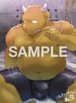  anthro balls_outline belly big_belly bodily_fluids bovid bovine brown_body bulge cattle clothing distracting_watermark genital_outline humanoid_hands japanese_text kemono male mammal moobs navel nekodon_san nipples overweight overweight_male penis_outline sample sitting solo sweat text underwear watermark 