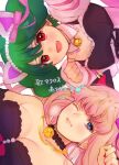  2girls animal_ears bangs bare_shoulders bell blonde_hair blue_eyes breasts cat_ears choker cleavage dress fang green_hair jingle_bell kimidori_(kimidoriri) large_breasts long_hair looking_at_viewer macross macross_frontier multiple_girls one_eye_closed paw_pose pink_hair ranka_lee red_eyes red_nails sheryl_nome sleeveless sleeveless_dress small_breasts upper_body 