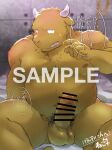  anthro balls belly big_belly bodily_fluids bovid bovine brown_body cattle censored distracting_watermark erection genitals humanoid_genitalia humanoid_hands humanoid_penis japanese_text kemono male mammal moobs navel nekodon_san nipples overweight overweight_male penis sample sitting solo sweat text watermark 